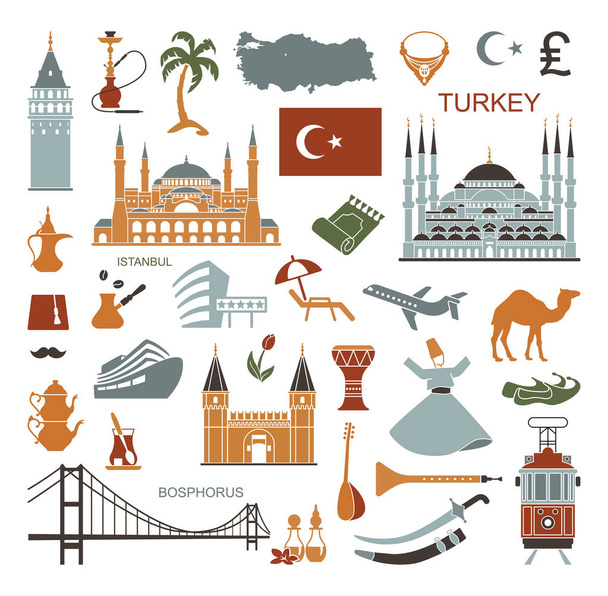 Zestaw kraju Turcji kultury i tradycyjnych symboli. Zbiór ikon Meczet i wieża, hookah, herbata, instrumentów muzycznych, broni - Wektor, obraz