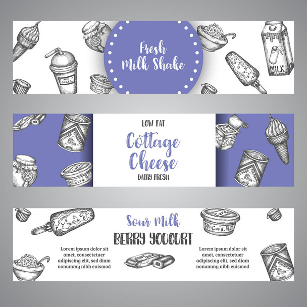 Dairy sweet Banners collection hand drawn vector illustration with dairy elements, Vintage retro style - Vector, afbeelding