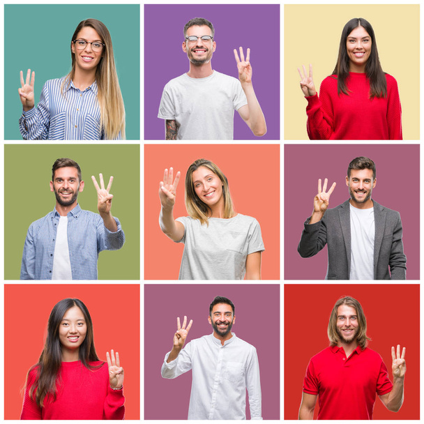 Kollaasi ryhmä ihmisiä, naisia ja miehiä yli värikäs eristetty tausta näyttää ja osoittaa sormilla numero kolme hymyillen itsevarma ja onnellinen
. - Valokuva, kuva