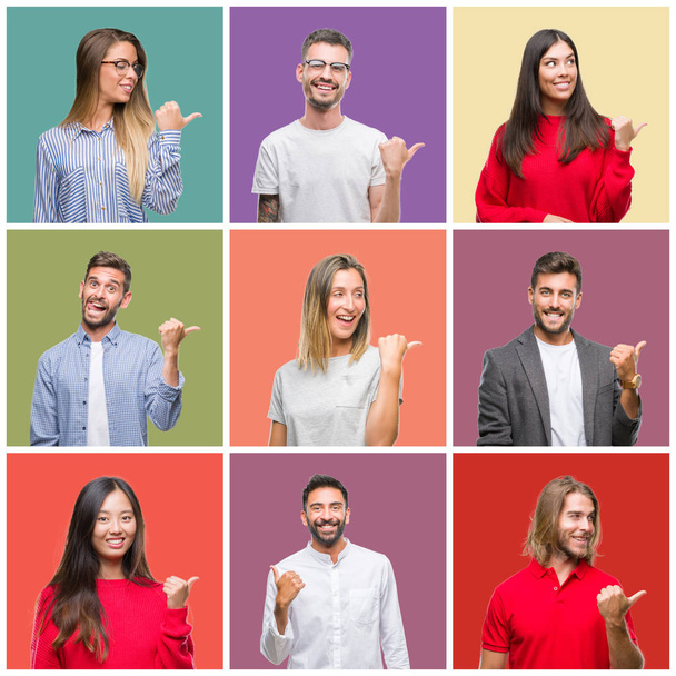 Collage of group people, women and men over colorful isolated background smiling with happy face looking and pointing to the side with thumb up. - Photo, Image
