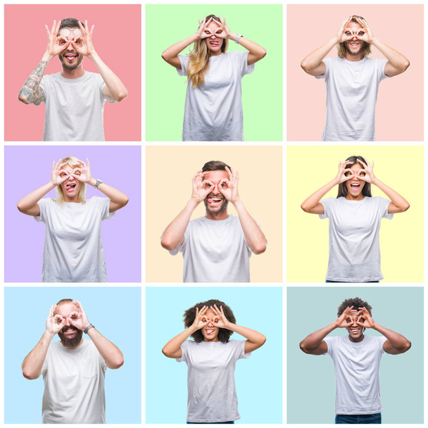Collage de personas del grupo, mujeres y hombres sobre fondo aislado colorido haciendo buen gesto como prismáticos sacando la lengua, ojos mirando a través de los dedos. Expresión loca
. - Foto, imagen