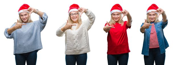 Collage of young beautiful blonde woman wearing christmas hat over white isolated backgroud smiling making frame with hands and fingers with happy face. Creativity and photography concept. - Fotografie, Obrázek