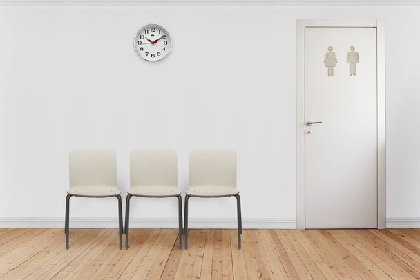 пустой зал ожидания со стульями, часами на стене и ванной дверью
. - Фото, изображение