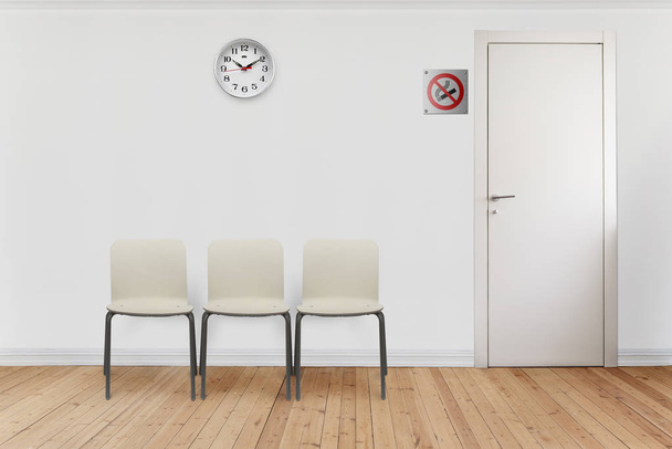 salle d'attente vide avec chaises, horloge murale et porte fermée sans symbole fumeur
 - Photo, image