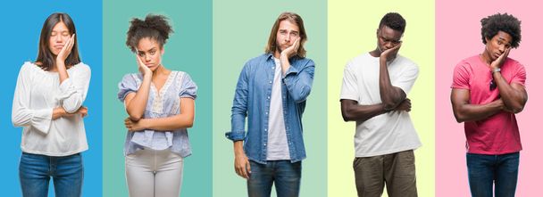 Composition of african american, hispanic and chinese group of people over vintage color background thinking looking tired and bored with depression problems with crossed arms. - Photo, Image