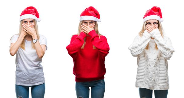 Collage de joven hermosa mujer rubia con sombrero de Navidad sobre fondo aislado impactó cubriendo la boca con las manos por error. Concepto secreto
. - Foto, Imagen