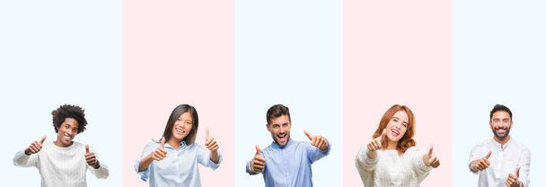 Kolaj bir grup genç insan izole renkli arka plan onaylama üzerinde el ile olumlu hareketi yapıyor gülümseyen ve başarı için mutlu yaşasın. Kamera, kazanan jest arıyorsunuz. - Fotoğraf, Görsel