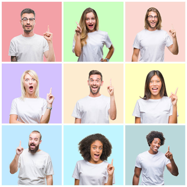Colagem de pessoas do grupo, mulheres e homens sobre fundo colorido isolado apontando dedo para cima com ideia bem sucedida. Saído e feliz. Número um.
. - Foto, Imagem