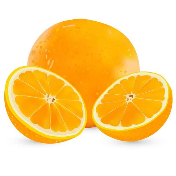 Vektor nastavit realistické celého pomeranče a půl oranžové izolované na bílém pozadí. - Vektor, obrázek