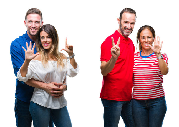 Collage von jungen und reifen verliebten Paaren vor isoliertem Hintergrund, die Finger Nummer sieben zeigen und nach oben zeigen, während sie selbstbewusst und glücklich lächeln. - Foto, Bild