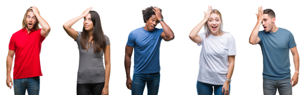 Composition of african american, hispanic and caucasian group of people over isolated white background surprised with hand on head for mistake, remember error. Forgot, bad memory concept. - Photo, image