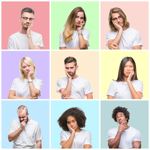 Колаж групових людей, жінок і чоловіків над барвистим ізольованим фоном мислення виглядає втомленим і нудним з проблемами депресії з схрещеними руками
. - Фото, зображення