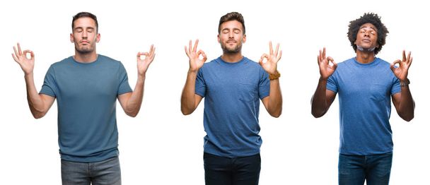 Collage einer Gruppe hispanischer und afrikanisch-amerikanischer Männer vor isoliertem Hintergrund, die sich entspannen und mit geschlossenen Augen lächeln und Meditationsgesten mit den Fingern machen. Yoga-Konzept. - Foto, Bild
