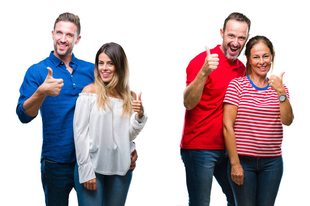Collage of young and mature couple in love over isolated background doing happy thumbs up gesture with hand. Approving expression looking at the camera showing success. - Foto, afbeelding