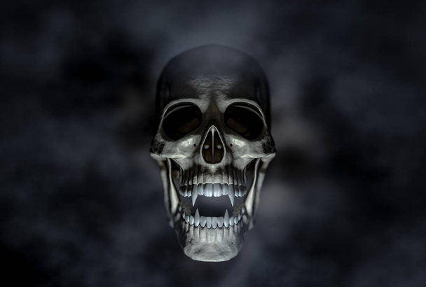 Halloween espeluznante cráneo de vampiro en el fondo oscuro con espacio para tekst 3d render
. - Foto, Imagen
