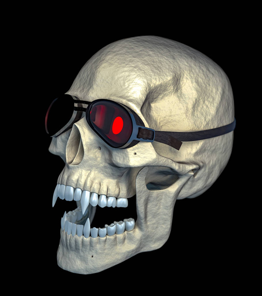 Halloween funny and scary vampire skull with funny motorcycle goggles. 3d render. - Foto, afbeelding