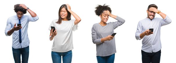 Collage of people texting sending message using smartphone over isolated background stressed with hand on head, shocked with shame and surprise face, angry and frustrated. Fear and upset for mistake. - Photo, Image