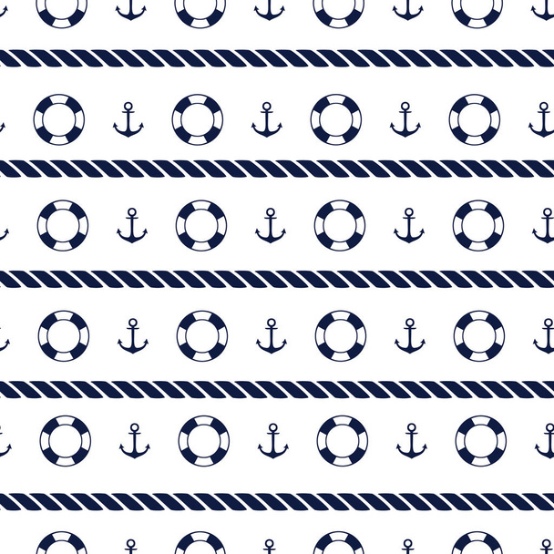 Sea background in dark blue and white colors. Seamless nautical pattern with anchor, rope, lifebuoy. Vector illustration. - Vector, imagen