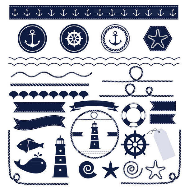 Set of sea and nautical elements isolated on white background. Vector illustration.  - Vector, Image