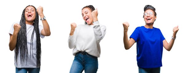 Collage de hermoso cabello trenzado mujer afroamericana sobre fondo aislado muy feliz y emocionado haciendo gesto ganador con los brazos levantados, sonriendo y gritando por el éxito. Concepto de celebración
. - Foto, imagen