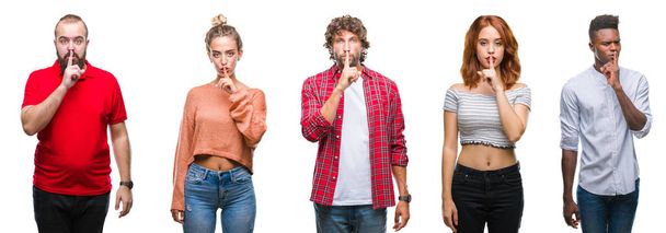 Колаж групи молодих людей над барвистим ізольованим тлом з проханням бути тихим пальцем на губах. Тиша і таємна концепція
. - Фото, зображення