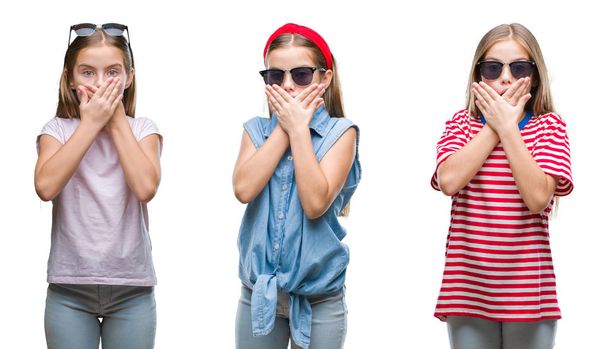 Collage of young little girl kid wearing sunglasses over isolated background shocked covering mouth with hands for mistake. Secret concept. - Foto, Bild