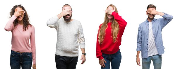 Collage of group of young people over white isolated background smiling and laughing with hand on face covering eyes for surprise. Blind concept. - Foto, imagen