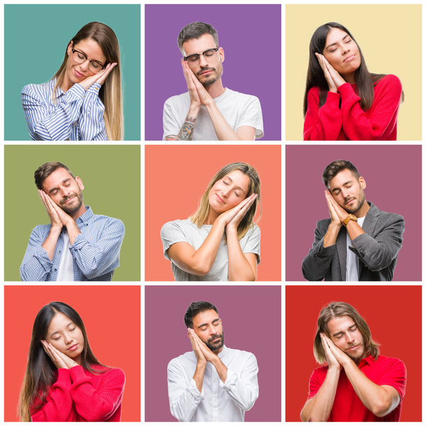 Collage of group people, women and men over colorful isolated background sleeping tired dreaming and posing with hands together while smiling with closed eyes. - Photo, Image