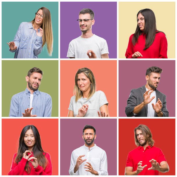 Collage of group people, women and men over colorful isolated background disgusted expression, displeased and fearful doing disgust face because aversion reaction. With hands raised. Annoying concept. - Photo, Image