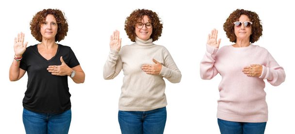 Koláž starší ženy středního věku nad bílá izolované pozadí nadávky s rukou na hrudi a otevřené dlaně, aby slib slib věrnosti - Fotografie, Obrázek