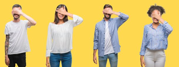 Collage of group people, women and men over colorful yellow isolated background smiling and laughing with hand on face covering eyes for surprise. Blind concept. - Photo, Image