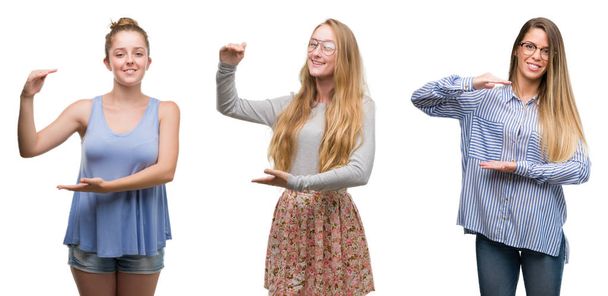 Collage de groupe de femmes blondes sur fond isolé gestuelle avec les mains montrant grand et grand signe de taille, symbole de mesure. Souriant en regardant la caméra. Concept de mesure
. - Photo, image