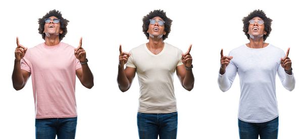 Kolaż z african american młody człowiek noszący okulary przeciwsłoneczne na białym tle zdumiony i zaskoczony, patrząc w górę i wskazując palcami i podniósł ramiona. - Zdjęcie, obraz