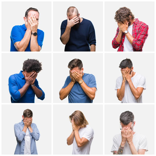 Kolaż z grupą mężczyzn na na białym tle z smutny wyrażenie obejmujące twarz rękami podczas płaczu. Koncepcja depresji. - Zdjęcie, obraz