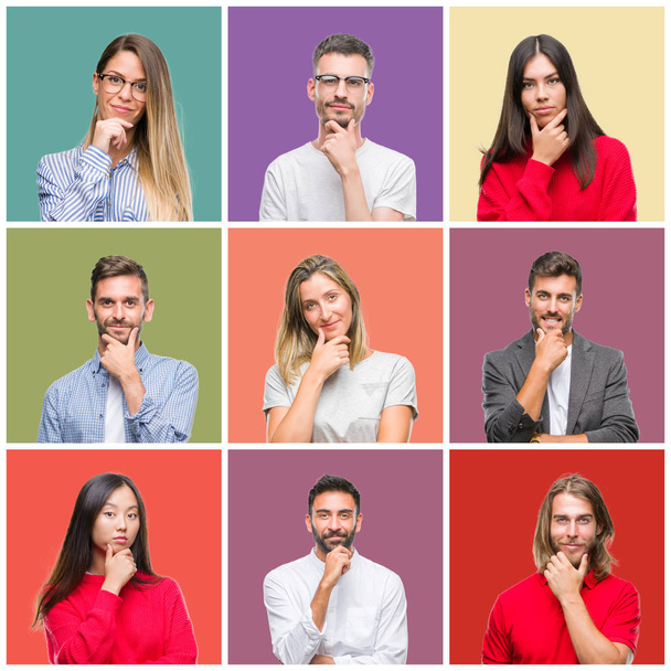 Collage of group people, women and men over colorful isolated background looking confident at the camera with smile with crossed arms and hand raised on chin. Thinking positive. - Zdjęcie, obraz