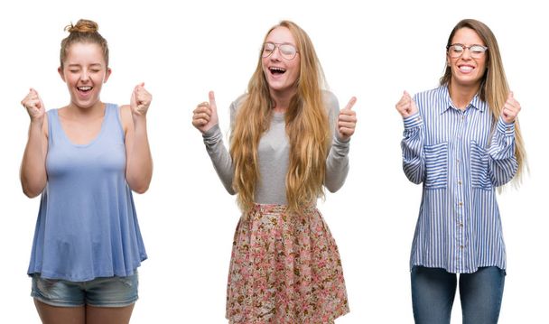 Collage de grupo de mujeres rubias sobre fondo aislado emocionado por el éxito con los brazos levantados celebrando la victoria sonriendo. Concepto ganador
. - Foto, imagen