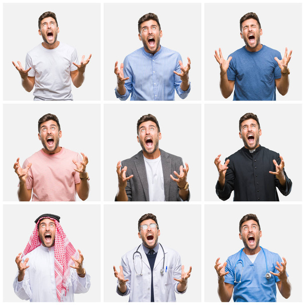 Collage di giovane medico arabo uomo d'affari isolato sfondo pazzo e pazzo urlando e urlando con espressione aggressiva e braccia alzate. Concetto di frustrazione
. - Foto, immagini