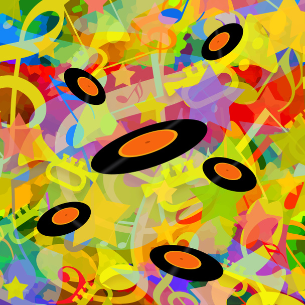 Δίσκους βινυλίου, φωτεινά πολύχρωμα μουσική αναπαραγωγή φόντο με χορό μουσικές νότες - Φωτογραφία, εικόνα