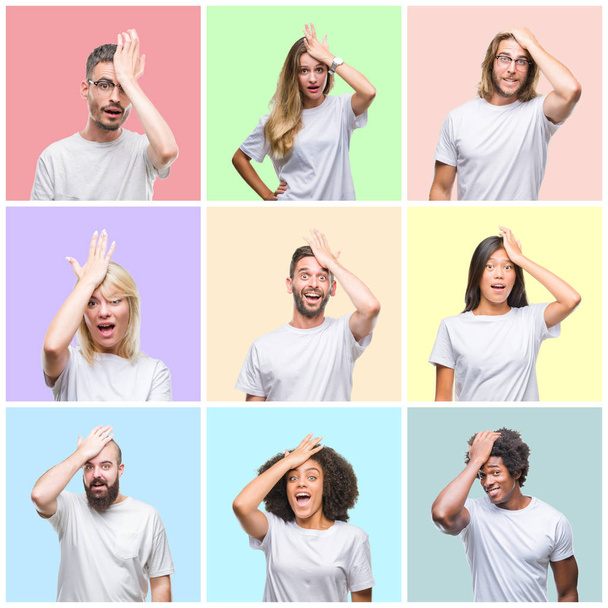 Collage of group people, women and men over colorful isolated background surprised with hand on head for mistake, remember error. Forgot, bad memory concept. - Photo, Image