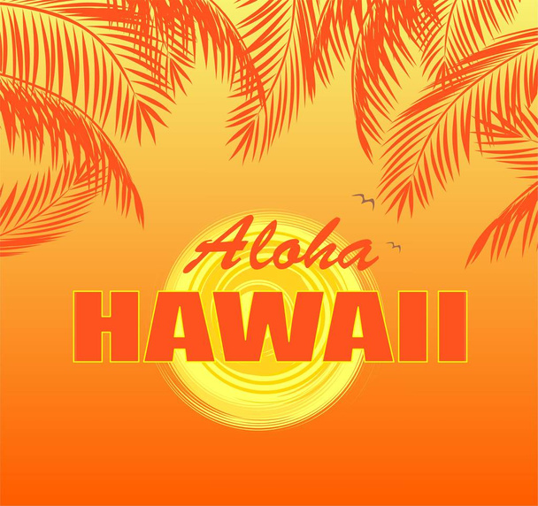 T-shirt imprimé avec lettrage Aloha Hawaii, soleil et feuilles de palmier orange sur fond jaune chaud
 - Vecteur, image