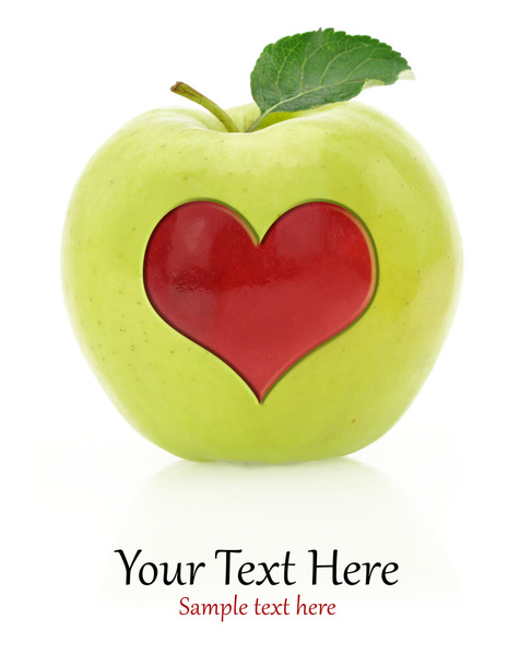 Green apple with red heart symbol - Photo, Image