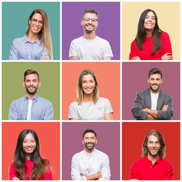 Collage de personnes de groupe, femmes et hommes sur fond isolé coloré heureux visage souriant avec les bras croisés regardant la caméra. Personne positive
. - Photo, image