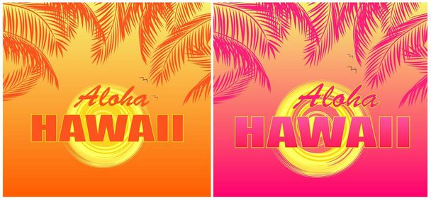 T-shirt prints with Aloha Hawaii lettering, sun and orange and pink palm leaves on hot summery background - Vector, Image