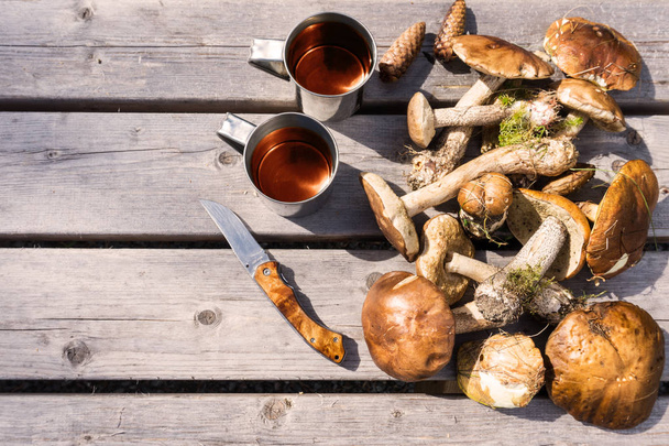 Forest mushrooms, a knife and two metal mugs on a wooden table. Top view - Fotó, kép