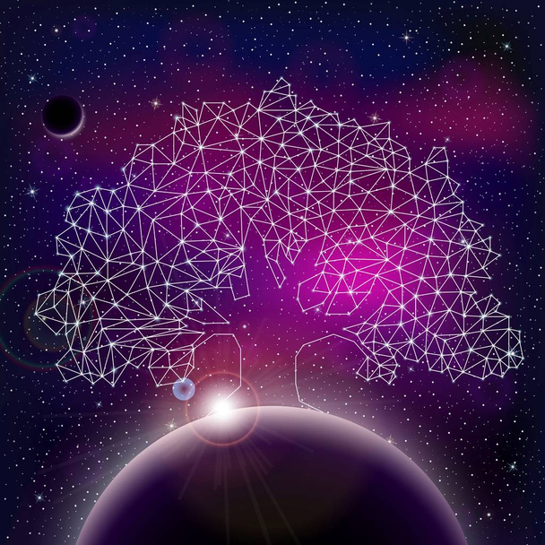 Universo com estrelas, nebulosa, planeta e carvalho poligonal. Ilustração vetorial
 - Vetor, Imagem