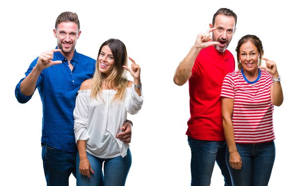 Collage of young and mature couple in love over isolated background smiling and confident gesturing with hand doing size sign with fingers while looking and the camera. Measure concept. - Photo, Image