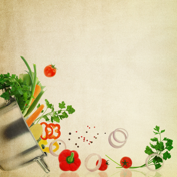 Recipe template. Fresh vegetables on fabric texture - Photo, Image