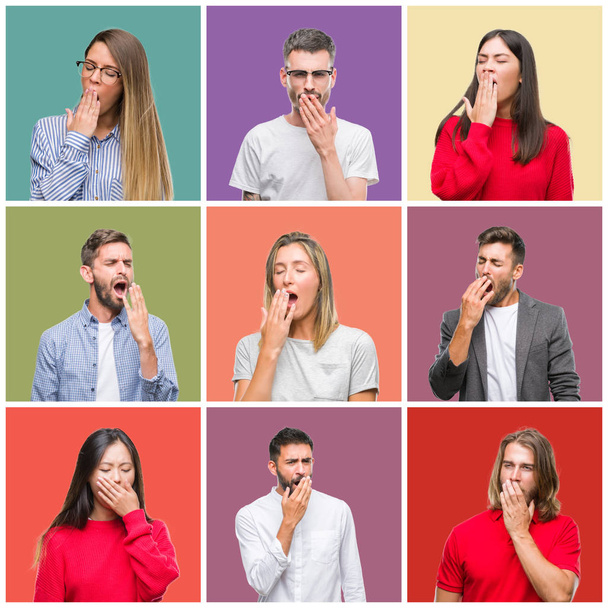 Collage of group people, women and men over colorful isolated background bored yawning tired covering mouth with hand. Restless and sleepiness. - Photo, Image