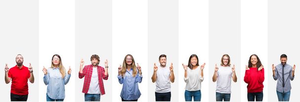 Collage of different ethnics young people over white stripes isolated background smiling crossing fingers with hope and eyes closed. Luck and superstitious concept. - Photo, Image