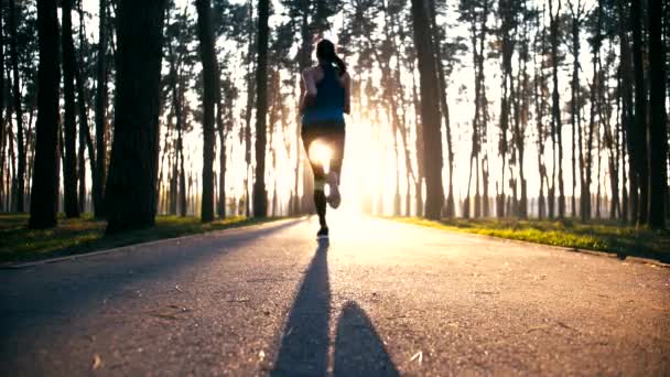 Young and slim woman stands on road. She is ready to run. Girl starts to jogging very fast. Then she dissapears in lights of morning sun. - Footage, Video
